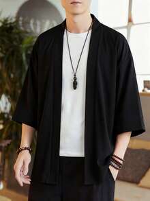 男士休闲和服式开襟衬衫，100% 涤纶，宽松版型，纯色百搭单层设计，休闲美观 | 飘逸面料，中国尺码，请仔细查看尺码指南