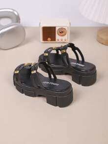 儿童时尚拖鞋，新款夏季加厚底镂空设计，时尚舒适厚底高跟拖鞋 - 黑色 - 查看 3