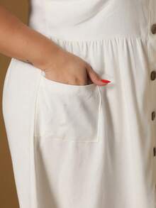 Plus Size Linen Short Dress With Button And Pocket, New Model. - White Off - View 5