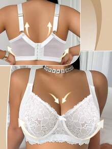 Plus Size Women Comfortable Daily Fashion Lace Patchwork Underwire Bra - White - View 3