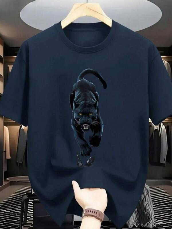 Camiseta Masculina Presente Para Ele Estampada Onça  Preta Casual Confortável Academia Treino Camisa Com Gola Redonda E Manga Curta