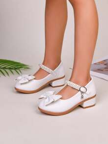 女童仿珍珠公主鞋，白色蝴蝶结中帮高跟鞋，适合派对、度假、晚礼服 - 白色 - 查看 5