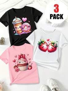 3件套少女休闲碎花圆领短袖T恤，夏季学生少女装 - 时尚T恤为每个孩子带来快乐和幸福！情人节 - 粉色 - 查看 4