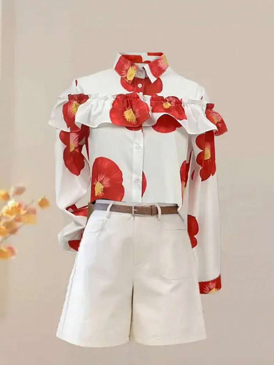 女士优雅印花高领长袖衬衫，荷叶边装饰，纽扣前襟休闲上衣