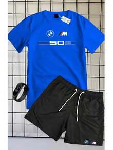 Set Consisting Of A 100% Cotton Short-Sleeved T-Shirt And Tactel Shorts With A BMW 50 Print + A Free Watch. - 藍色 - 查看 2