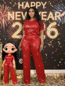 女士夏季纯色圆领短袖上衣和裤子套装，闪亮亮片，街头风 - 酒紅色 - 查看 1