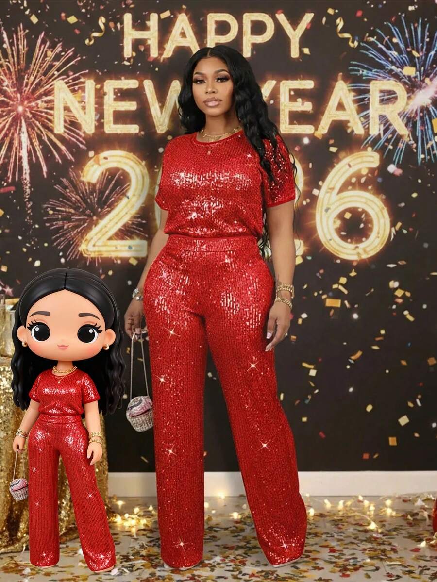 女士夏季纯色圆领短袖上衣和裤子套装，闪亮亮片，街头风 - 酒紅色 - 查看 1