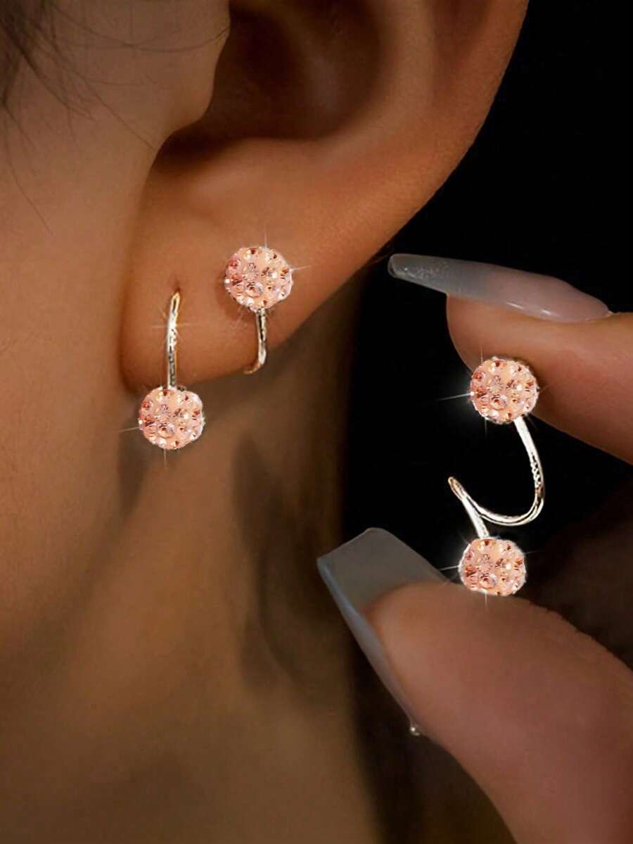 1 Pair Luxury Screw Closure Rhinestone Ball Stud Earrings, Unique S-Shape Pierced Earrings