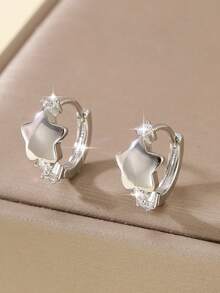 1 Pair Elegant Geometric Smooth Pentagram Round Hoop Earrings, Micro-Inlaid , Sweet Gift For Women, Birthday, Date - Round - View 9