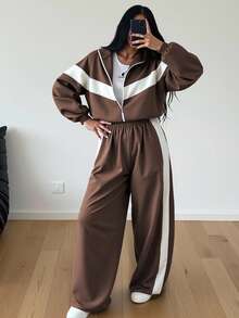 Plus Size Women 2 Piece Set Color Block Patchwork Casual Elegant Zip Up Hoodie Sweatshirt Set, Suitable For Sportswear, Loungewear, Office, Street, Spring Autumn Winter, Graduation, Back To School, Female Teacher Outfit, Plus Size Loose Long Sleeve Top For Women In Autumn/Winter - Brown - View 1