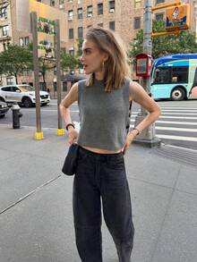 VIBEWAVE Chic Button Knit Vest Camisole For Women, American Style, Slim Fit Autumn New Basic Layering Top - Grey - View 6