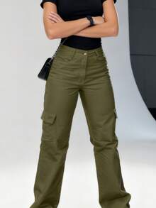 Women's New Multi-Pocket Straight Leg Cargo Pants, American Hot Girl Style, High Waist, Slimming Casual Sports Pants - 軍綠色 - 查看 4