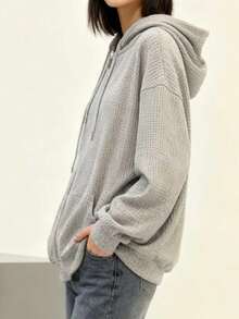 Sudadera con capucha y tejido de gofre para mujer con cordón en la cintura. Oversize pero favorecedora, diseño exclusivo y estético. Chaqueta de primavera/verano para mujer. Cárdigan con cremallera. - Gris - Ver 5