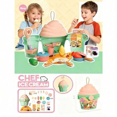 Maletín Helado 3 en 1 portátil  14cm x 40cm | Cocina de juguete con 25 accesorios | Juego interactivo de Cocina y Alimentos de plástico para Infancias | Para jugar casa y llevar de paseo.