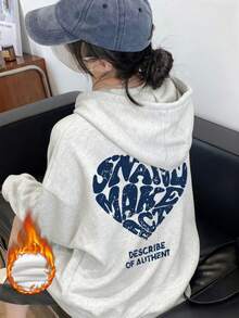 Oversized Sweatshirt With Letter & Heart Print, Thermal Lined - Light Gray - View 7