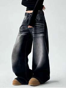 Quần Jeans Ống Thẳng Đen Giặt Cổ Điển Cho Bé Gái Tuổi Teen, Kiểu Dáng Ống Rộng Thường Ngày - màu đen - Xem 2