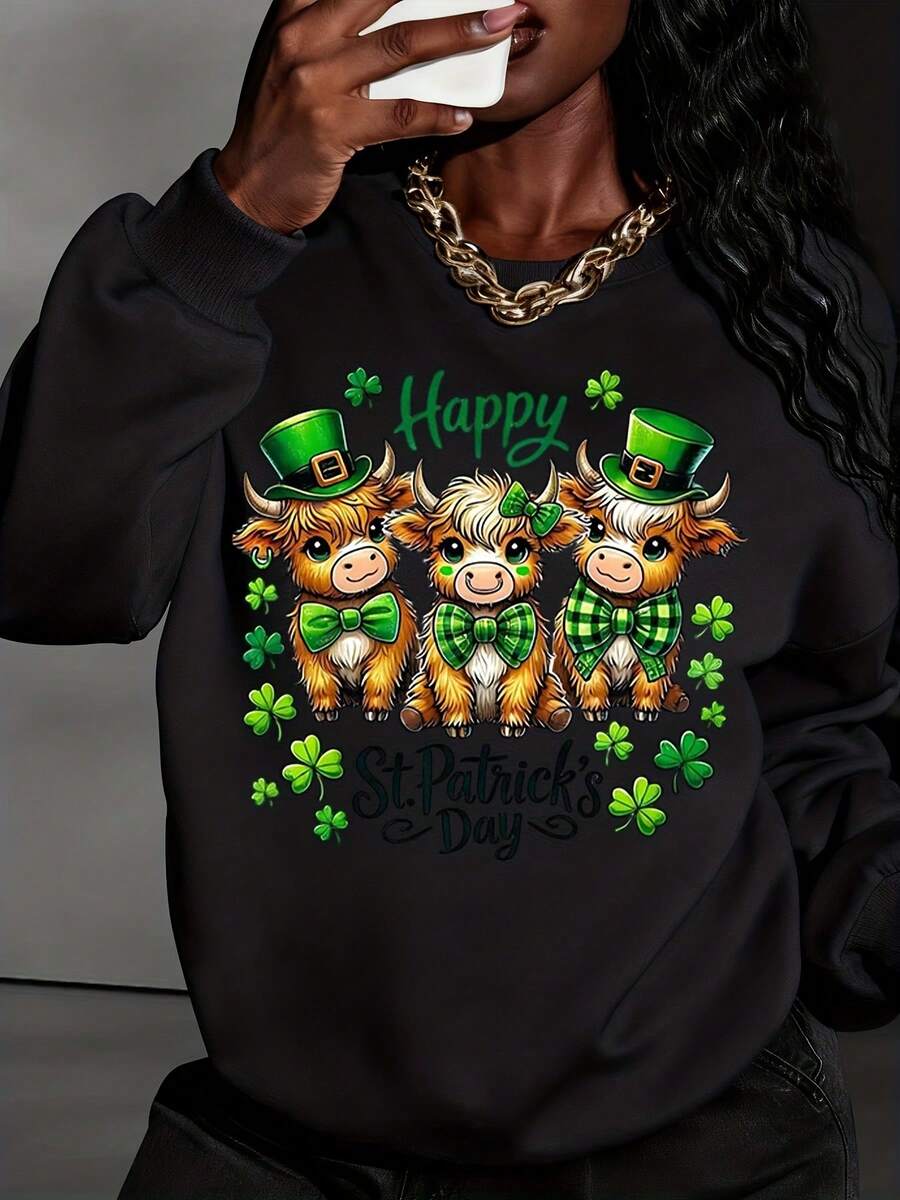 Happy St Patricks Day Cow Leprechaun Hat Green Bow Tie Shamrock Sweatshirt Women's Crewneck Long Sleeve Casual Holiday Shirt - Black - View 1