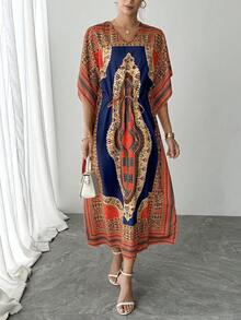 1. 女士V领印花连衣裙，宽松休闲款，袖口带抽绳，美丽度假风连衣裙，优雅阿拉伯女士派对、节日宴会礼服，女士连帽长袍 - 紅色 - 查看 3