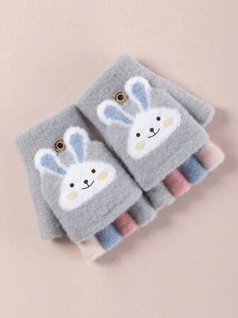 1 pereche mănuși de protecție drăguțe, fără degete, cu urechi de iepure, cu capac tip Flip-Top, pentru fete, potrivite pentru activități în aer liber și utilizare zilnică