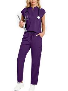 2pcs All-Over Print Notched Collar Top And Pants Pajama Set Scrub Set - Violet Purple - View 7