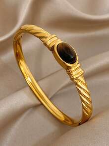 18K Gold Plated Stainless Steel Luxury Vintage Tiger Eye Stone Bracelet & Ring Set, Elegant Jewelry Gift For Women, Suitable For Mother's Day, Christmas, Thanksgiving, Carnival, Wedding, Rave Party/Ball, Anniversary, Valentine's Day, Bohemian Birthday Bridesmaid Gift - Multicolor - View 4