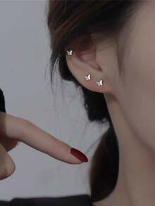 1pair Women's Delicate S925 Sterling Silver Butterfly Stud Earrings For Earlobe