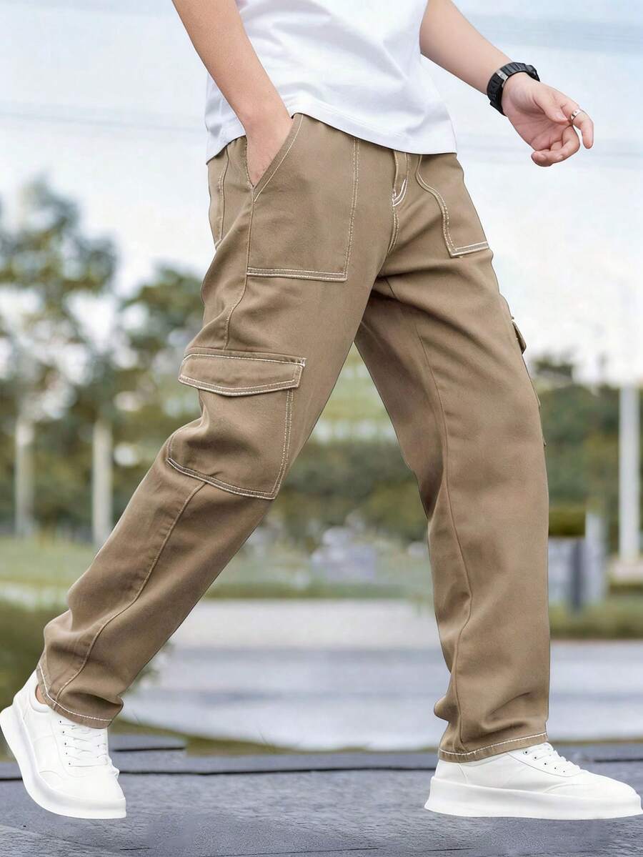 1 件 Tween 男童复古休闲时尚简约牛仔效果口袋工装裤，适合春/夏/秋/冬 - 卡其色 - 查看 1