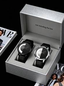 2pcs/Set Niche Designer Couple Watches With Dual-Tone Black And White Dials, Minimalist Black Leather Straps – Versatile For Daily Wear, Gifts, Anniversaries, Or Halloween Presents (No Gift Box Included). - Black - View 7