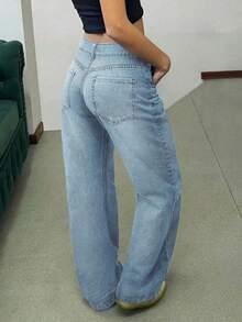 MYOURSA 女士休闲复古水洗直筒牛仔裤 春季款 - 淺色水洗藍 - 查看 2