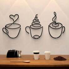 3pcs Modern Black Metal Coffee Cup Wall Art, Sculptural Pattern, Cultural Theme Wall Decor, Suitable For Living Room, Dining Room Backdrop, Indoor Decoration - Luxury Iron Wall Hanging Art, Room Decor, Bedroom Decor, Home Decor, Wall Decor, Kitchen Decor, Use This Set Of 3 Metal Coffee Cup Wall Art To Add Charm To Your Kitchen. - Multicolor - View 4
