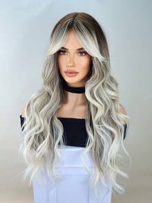 Gray Wigs For Women Long Ombre Brown Grey Curly Wig With Air Bangs Dark Roots Heat Resistant Synthetic Wig For Daily Use - Gray Ombre - View 6