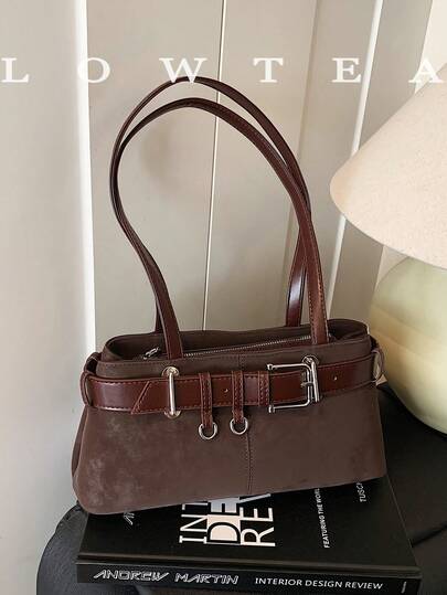  1pc Low Tea Solid Color PU Leather Shoulder Bag, Women's Retro Fashion Square Handbag With Top Double Handles, Zipper Closure, Suitable For Travel, Shopping, Dating, Women's Gift, Great For Commuting, Outdoor, Travel, Hiking