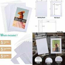 NewAcid Free 5 Pack 5x7 Pre-Cut Mat Board Show Kit For 4x6 Photos Prints Or Artworks 5 Core Bevel Cut Matts And 5 Backing Boards And 5 Crystal Plastic Bags White - 白色 - 查看 1