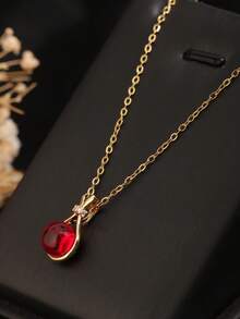 1pc Stainless Steel Chinese Style Gourd & Red Moneybag Pendant Necklace, 18K Gold Plated With Red Agate, Suitable For Daily Wear - 紅色 - 查看 2