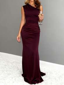 WOWDARK Summer Dress, Red Valentines Outfit, Fashionable Sleeveless V-Neck Satin Patchwork Elegant Party Dress For Women, Suitable For Valentine's Day, Dates, Parties, Gatherings - Burgundy - View 5