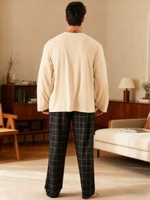 2 件男士加大码休闲宽松简约套头衫，带口袋和格子休闲裤套装，适合春季、秋季、冬季、情人节礼物 - 彩色 - 查看 2