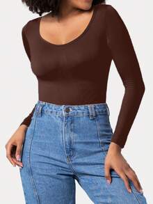 1pc Women's Seamless Crew Neck Long Sleeve Shapewear, Full Coverage Comfortable Bodysuit - Brown - View 6