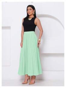 LXC Women's Pleated Skirt, Women's Vintage Midi Skirt, Elegant High-Waisted Long Skirt, Simple, Casual, Pleated, Office, Wedding - 薄荷綠 - 查看 5
