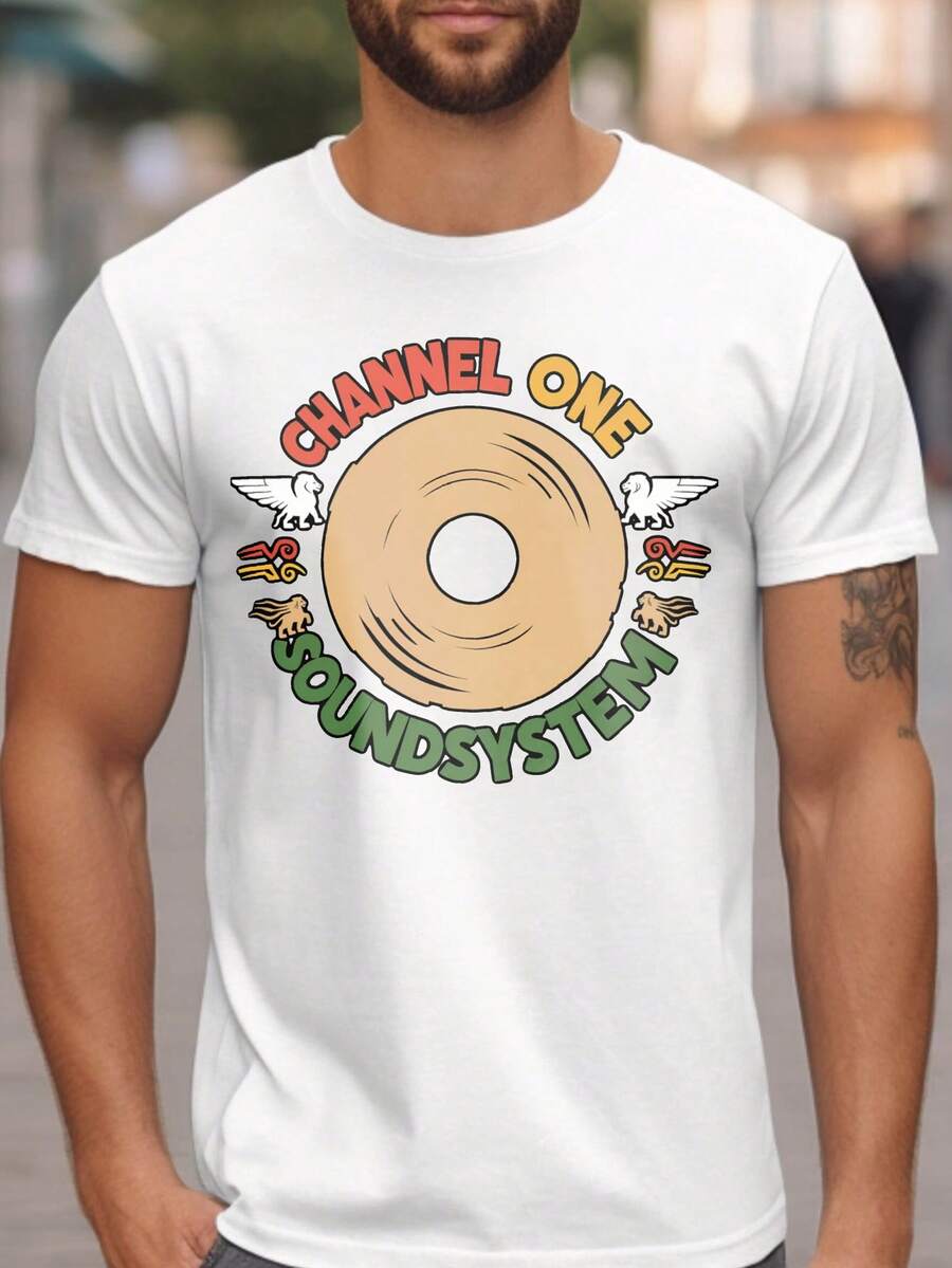 Herren-T-Shirt mit Rundhalsausschnitt, bedruckt mit "Channel One Soundsystem Retro Vinyl Graphic"-Motiv, lässige Streetwear für Musik- und Retro-Fans und den Alltag - Weiss - Übersicht 1