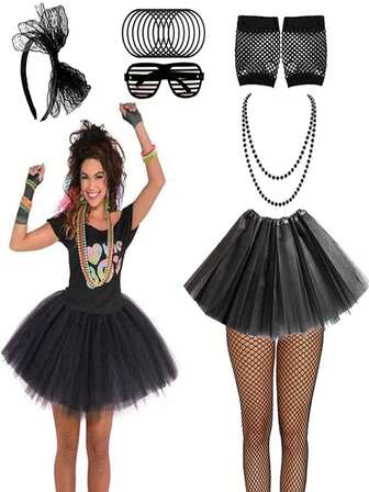 D EXCEED 7 Pcs 80s Accessories For Women Neon Tutu Skirt Prop Glasses Holographic Lace Headband Necklace Fishnet Gloves Bracelet Fishnet Pantyhose For Xmas Party Costume