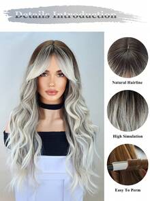 Gray Wigs For Women Long Ombre Brown Grey Curly Wig With Air Bangs Dark Roots Heat Resistant Synthetic Wig For Daily Use - Gray Ombre - View 3