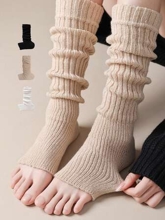 1双女士舒适时尚秋冬纯色针织保暖腿套，罗纹针织腿套，Y2K风格腿套