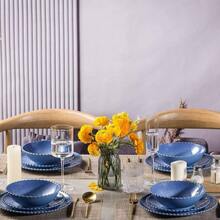 MissYIP - Juego de vajilla de melamina de 12 piezas, servicio para 4, ligero, irrompible, ltima intervensin de BPA, juegos de platos de grado alimenticio, apto para lavaplatos, uso en interiores y - Azul zafiro - Ver 7