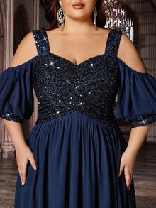 فستان سهرة ماكسي رسمي للمرأة ذات الحجم الكبير من الشيفون المنحني، مزين بترتر، أشرطة، لون أحادي، كتف بارد، أكمام قصيرة، شق طويل، مناسب للزفاف وحفلات الربيع - أزرق بحري - مشاهدة 6