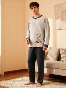 简约男士睡衣套装，保暖法兰绒睡衣，长袖宽松上衣搭配宽松长裤，秋冬款