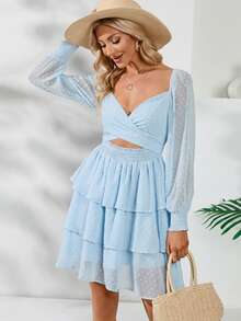 Vestidos Casuales de Manga Larga con Mangas de Rejilla para Mujer, Casual y Elegante Reversible - Azul - Ver 2