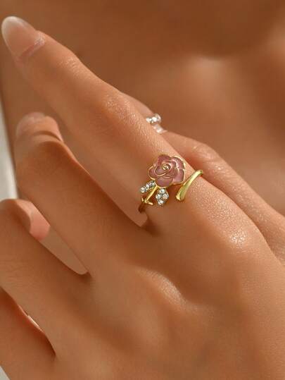 1pc Stainless Steel Gold & Pink Rose Enamel 3D Open Ring, Jewelry - Delicate Floral Design, Adjustable, Lightweight, Hypoallergenic, Non-Fading, Suitable For Valentine's Day, Mother's Day, Dates, Parties, Daily Wear, Romantic, Sweet, Gentle, Elegant, Accessory