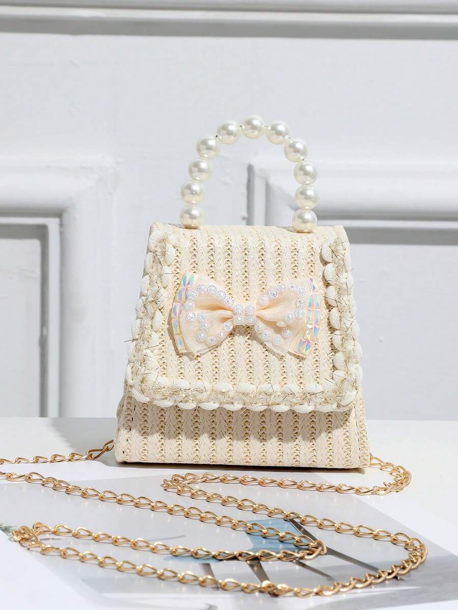 Kids Minimalist Bow Knot Woven Handbag, Straw Crossbody Bag, Storage Pouch, Shoulder Bag - Multicolor - View 1