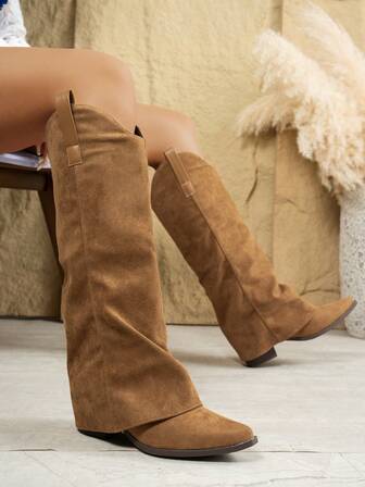 Fall/Winter New Women's One-Piece Pointed Toe Thick Heel Slip-On Boots, Non-Slip Slim Fit Knee-High Boots, Fashion Boots Suitable For Music Festivals, Halloween