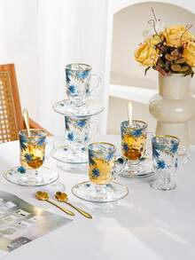一套六件中东风格茶杯碟套装，复古棕色玻璃花卉图案茶/咖啡杯，杯腰设计，加厚杯底，防止茶水变凉，适合六人使用，是生日、聚会、下午茶的理想之选。 - 彩色 - 查看 3